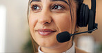 Woman, headset and mic at call center with thinking for communication, contact us and customer service. Female person, face and vision of future in career for client support, telecom and tech space