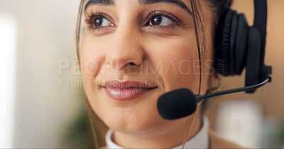 Buy stock photo Woman, headset and mic at call center with thinking for communication, contact us and customer service. Female person, face and vision of future in career for client support, telecom and tech space