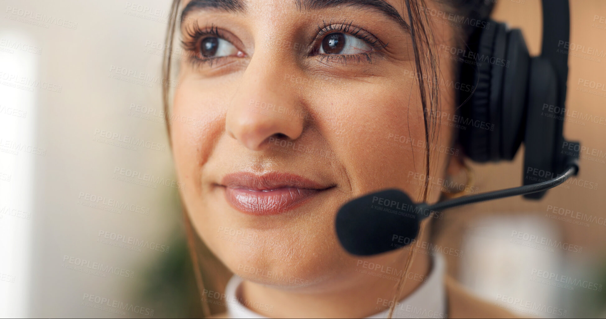 Buy stock photo Woman, headset and mic at call center with thinking for communication, contact us and customer service. Female person, face and vision of future in career for client support, telecom and tech space