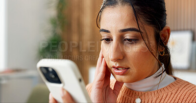 Buy stock photo Woman, phone and shock with news in home, surprise information and reaction to online notification. Female person, expression or emotion with wow, mobile app or tech for serious alert or alarm 