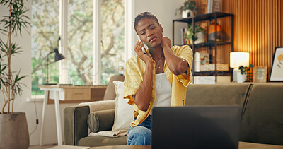 Buy stock photo Remote work, neck pain or black woman in home with phone call, sprain or joint issue with online feedback. Tired, tendinitis or freelancer with tech, discomfort or cervical strain with digital chat.