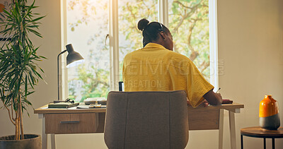 Buy stock photo Woman, helpline and agent writing in home office for query details, customer info and remote work. Tech, WFH and back of consultant with headset for CRM service, callback reminder or escalation notes
