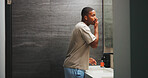 Skincare, check or black man in bathroom with smooth skin, shine or facial care in morning routine. Space, inspection or male person in house with mirror, soft touch or grooming in getting ready.