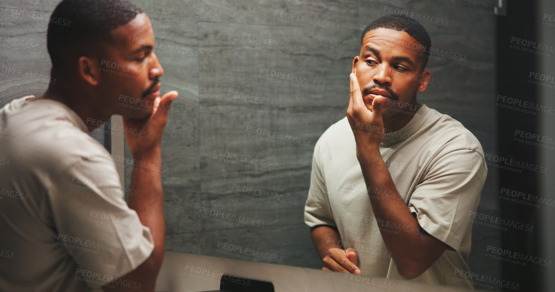 Buy stock photo Skincare, check or black man in mirror with smooth skin,  dermatology or facial care in morning routine. Reflection, inspection or person in home with hygiene, soft touch or grooming in getting ready