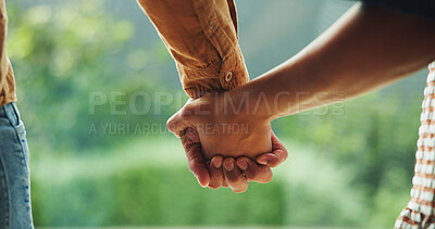 Buy stock photo Love, couple and holding hands outdoor for care, relationship wellness and safety together. Connection, man and woman with security at park for support, trust and commitment to partner with loyalty