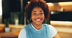 Portrait, oral hygiene and happy black woman in home for gum health, dental wellness and mouth care. Smile, teeth shine and person at apartment for dentistry benefits, orthodontics and veneers
