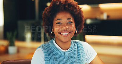 Buy stock photo Portrait, oral hygiene and happy black woman in home for gum health, dental wellness and mouth care. Smile, teeth shine and person at apartment for dentistry benefits, orthodontics and veneers