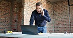 Man, laptop and architect at site with phone call, business contact and check schedule for building progress. Construction, foreman and pc to review digital floor plan, communication and mobile
