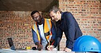 Team, documents and architect with people on construction site for blueprint, renovation and planning. Contractor report, engineering feedback and project development with men at building inspection