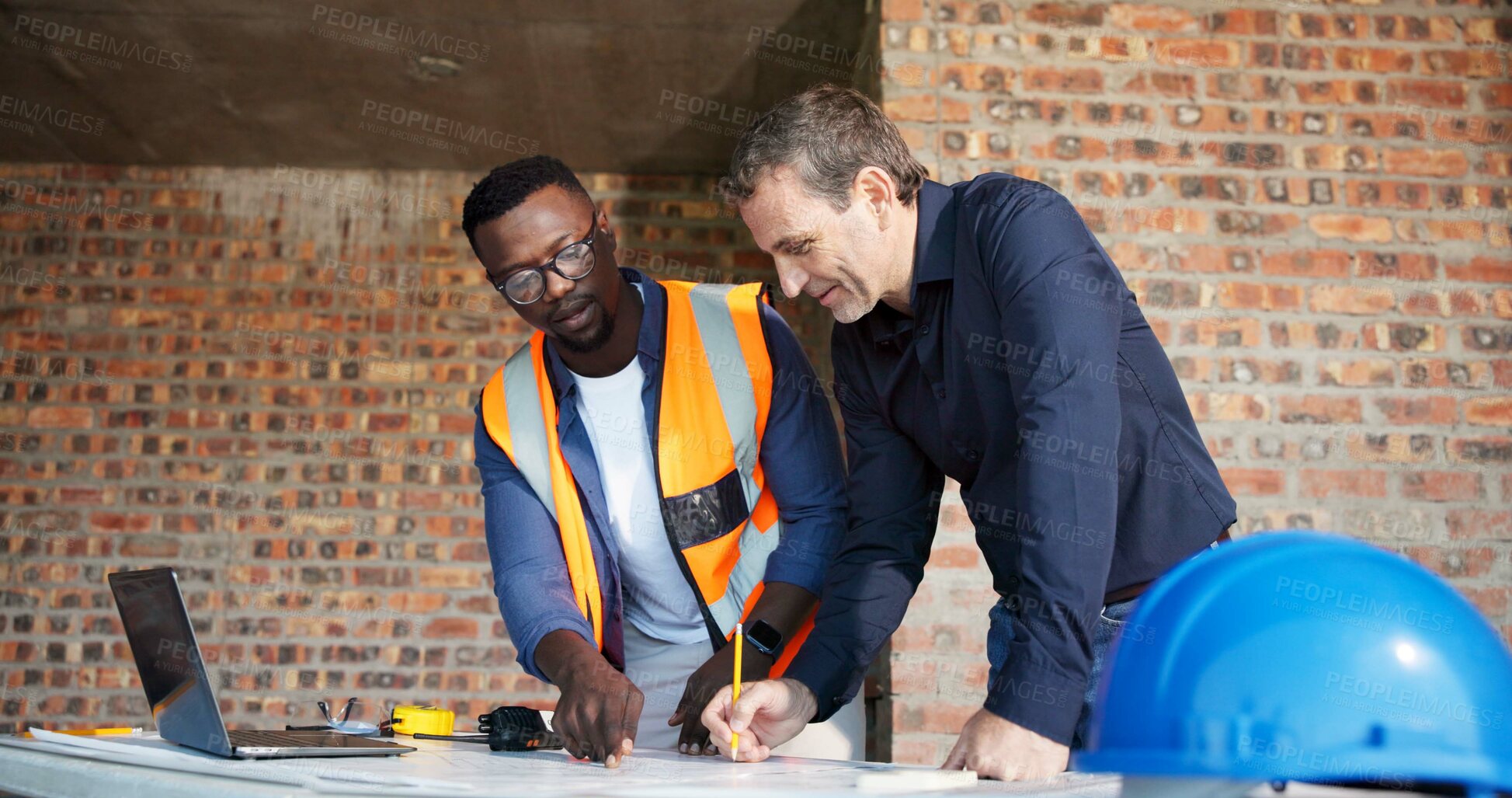 Buy stock photo Team, documents and architect with people on construction site for blueprint, renovation and planning. Contractor report, engineering feedback and project development with men at building inspection