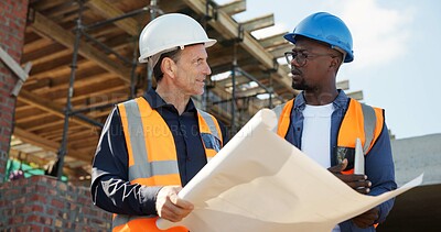 Buy stock photo Planning, blueprint and architect with people on construction site for documents, renovation and team. Contractor report, engineering feedback and project development with men at building inspection
