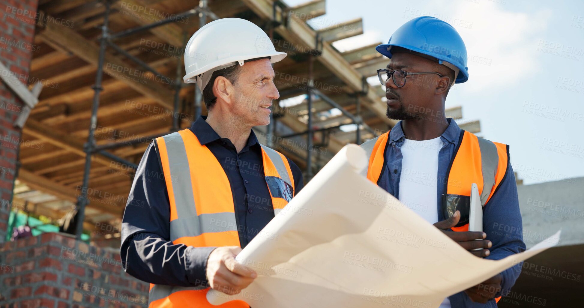 Buy stock photo Planning, blueprint and architect with people on construction site for documents, renovation and team. Contractor report, engineering feedback and project development with men at building inspection