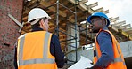 Meeting, blueprint and architect with people on construction site for documents, renovation and team. Contractor report, engineering feedback and project development with men at building inspection