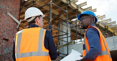 Buy stock photo Meeting, blueprint and architect with people on construction site for documents, renovation and team. Contractor report, engineering feedback and project development with men at building inspection