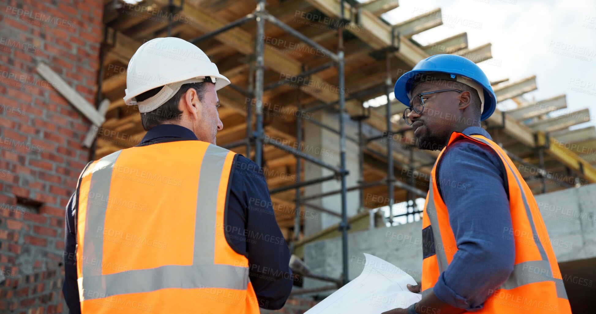 Buy stock photo Meeting, blueprint and architect with people on construction site for documents, renovation and team. Contractor report, engineering feedback and project development with men at building inspection