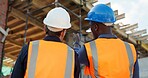 Meeting, back and architect with people on construction site for discussion, renovation and team. Contractor review, engineering feedback and project development with men at building inspection