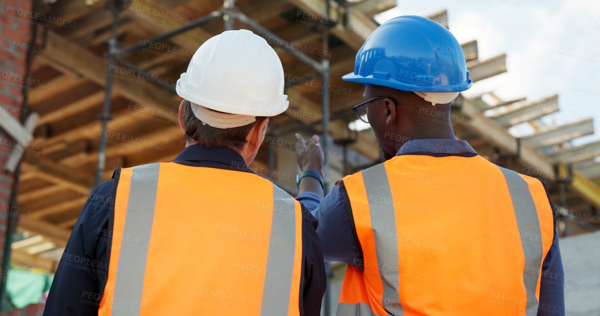 Buy stock photo Meeting, back and architect with people on construction site for discussion, renovation and team. Contractor review, engineering feedback and project development with men at building inspection