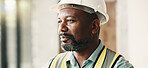 Thinking, construction and black man in building for inspection, evaluation or check for safety compliance. Civil engineer, architecture and person with ppe for planning, renovation project or review