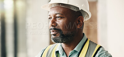 Buy stock photo Thinking, construction and black man in building for inspection, evaluation or safety compliance. Civil engineer, architecture and mature person with ppe for planning, renovation project or review