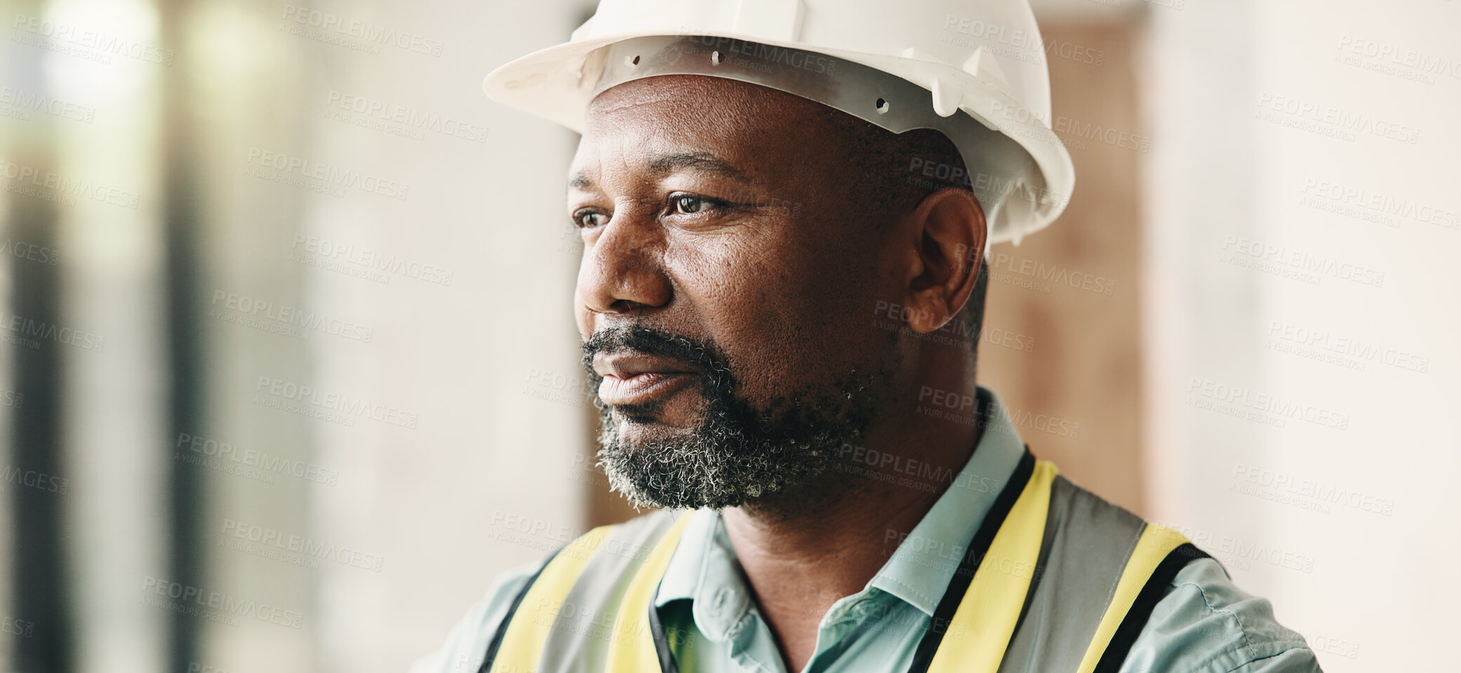 Buy stock photo Thinking, construction and black man in building for inspection, evaluation or safety compliance. Civil engineer, architecture and mature person with ppe for planning, renovation project or review