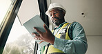 Tablet, black man and construction worker on site with research for building development. Digital technology, email and civil engineer with feedback for renovation, repairs or maintenance from below.