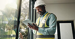 Tablet, black man and civil engineer on site with research for building development from below. Digital technology, email and construction worker with feedback for renovation, repairs or maintenance.