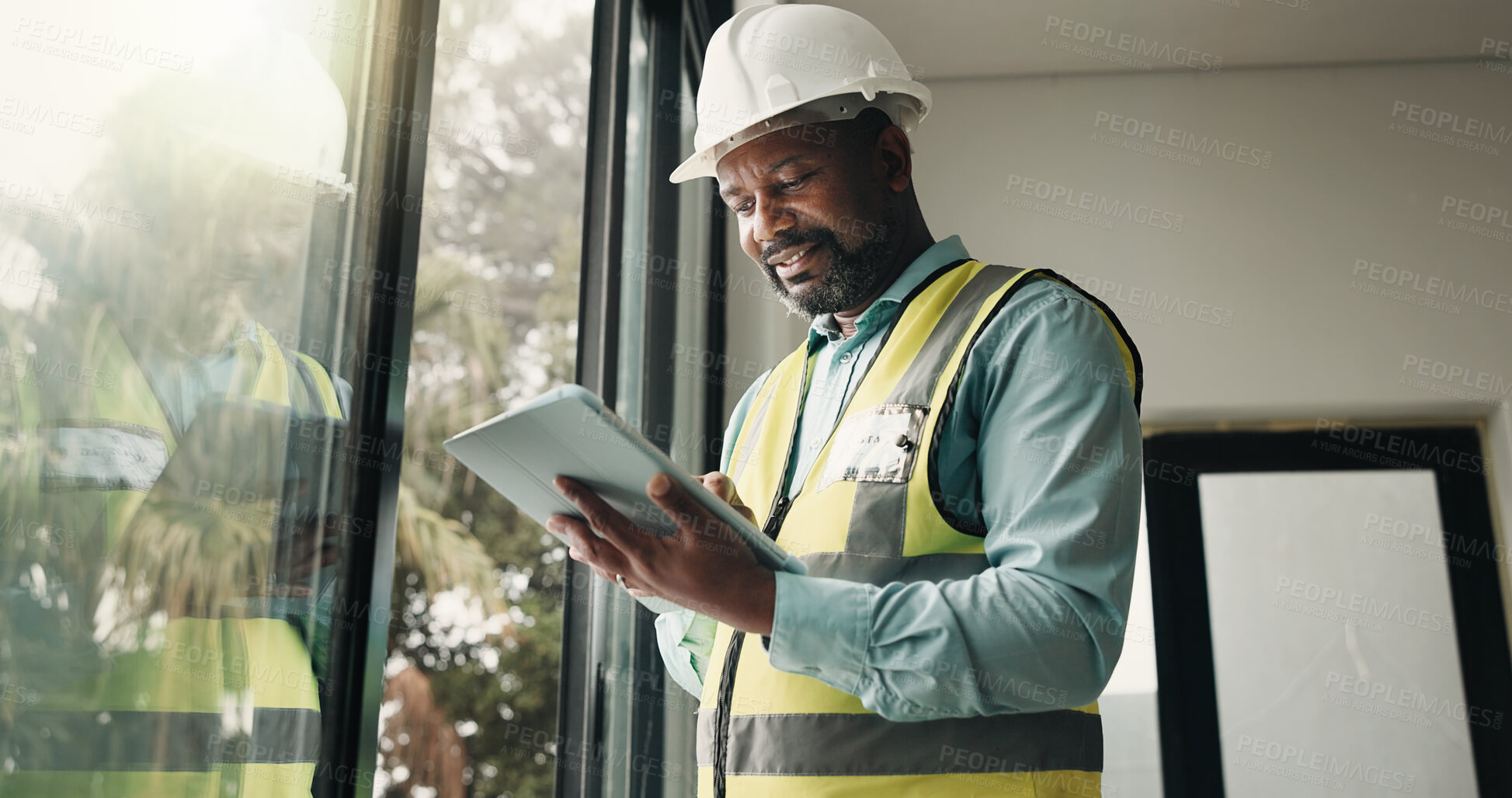 Buy stock photo Tablet, black man and civil engineer on site with research for building development or repairs. Digital technology, email and mature construction worker with feedback for renovation or maintenance.