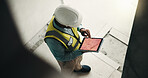 Tablet screen, blue print and construction worker on site with research for building development. Digital technology, man and civil engineer with floor plan for renovation, repairs or maintenance.