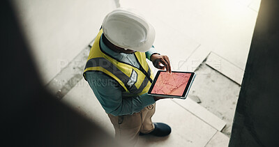 Buy stock photo Tablet screen, above and construction worker on site with blue print for building development. Digital technology, man and civil engineer with floor plan for renovation, repairs or maintenance.