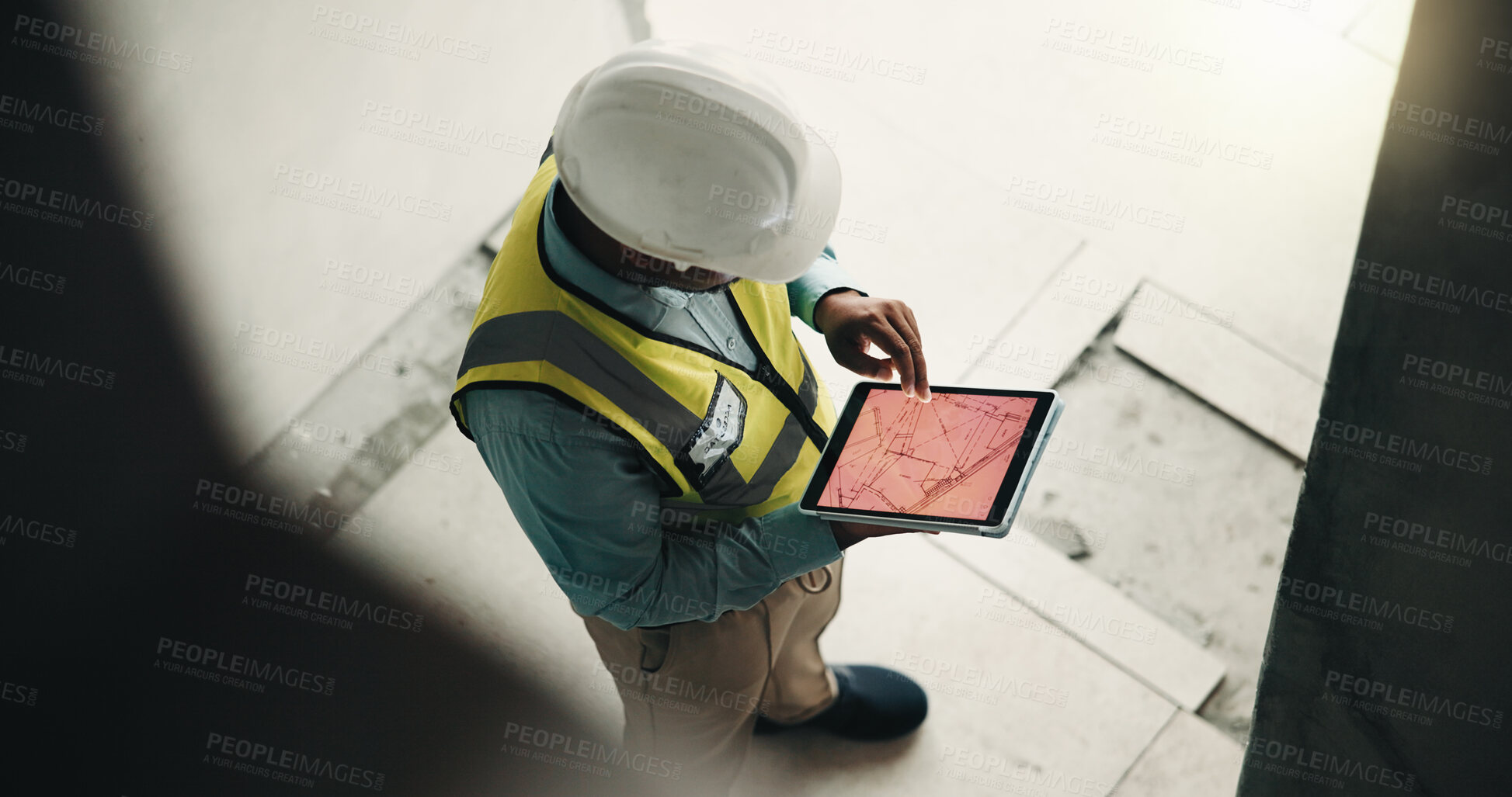 Buy stock photo Tablet screen, above and construction worker on site with blue print for building development. Digital technology, man and civil engineer with floor plan for renovation, repairs or maintenance.