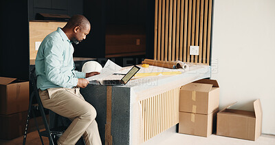 Buy stock photo Black man, new home and document for remodeling, layout design or real estate maintenance. Mature person, blueprint or laptop for architectural planning in house with property renovation or upgrade