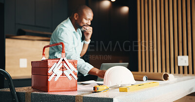 Buy stock photo Black man, home and toolbox for renovation, layout design or real estate maintenance. Person, call out and tools for architectural planning in house with property remodeling, upgrade or project