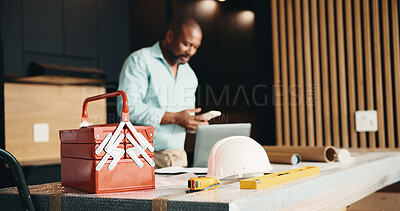 Buy stock photo Black man, home or toolbox for remodeling, project or real estate maintenance. Mature person, phone or inspection for architectural planning in house for property renovation, upgrade or layout design