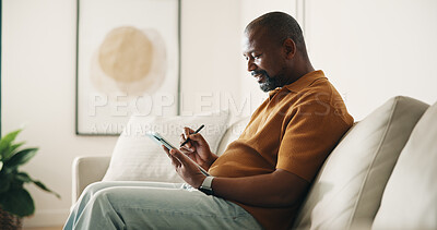 Buy stock photo Black man, drawing and remote work at house with tablet, research and sketch for graphic design. Smile, mature person and freelancer in home with digital, editing cartoon and creative art for project