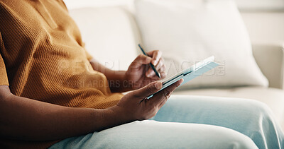 Buy stock photo Hands, graphic designer and drawing in home with tablet, research and sketch for logo design. Person, stylus and freelancer at house with digital, editing animation and creative artwork for project