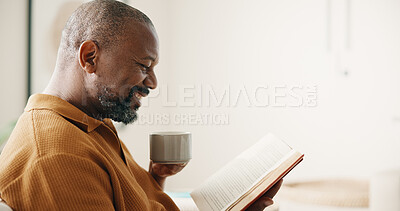 Buy stock photo Chill, coffee or black man in home with reading book, calm moment or literature hobby on weekend break. Happy, space or mature person with warm drink, fantasy story or peaceful activity on day off.