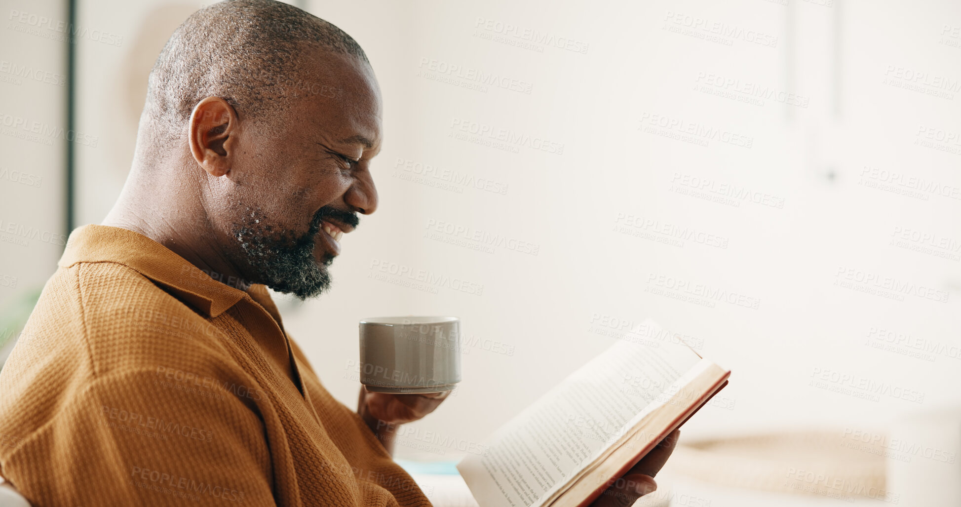 Buy stock photo Chill, coffee or black man in home with reading book, calm moment or literature hobby on weekend break. Happy, space or mature person with warm drink, fantasy story or peaceful activity on day off.