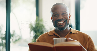 Buy stock photo Portrait, coffee or black man in home with reading book, calm moment or literature hobby on weekend break. Smile, relax or mature person with warm drink, fantasy story or peaceful activity on day off