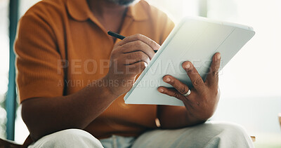 Buy stock photo Hands, person and drawing in home with tablet, research and sketch for graphic design. Illustrator, stylus and freelancer at house with digital art, editing cartoon and creative animation for project