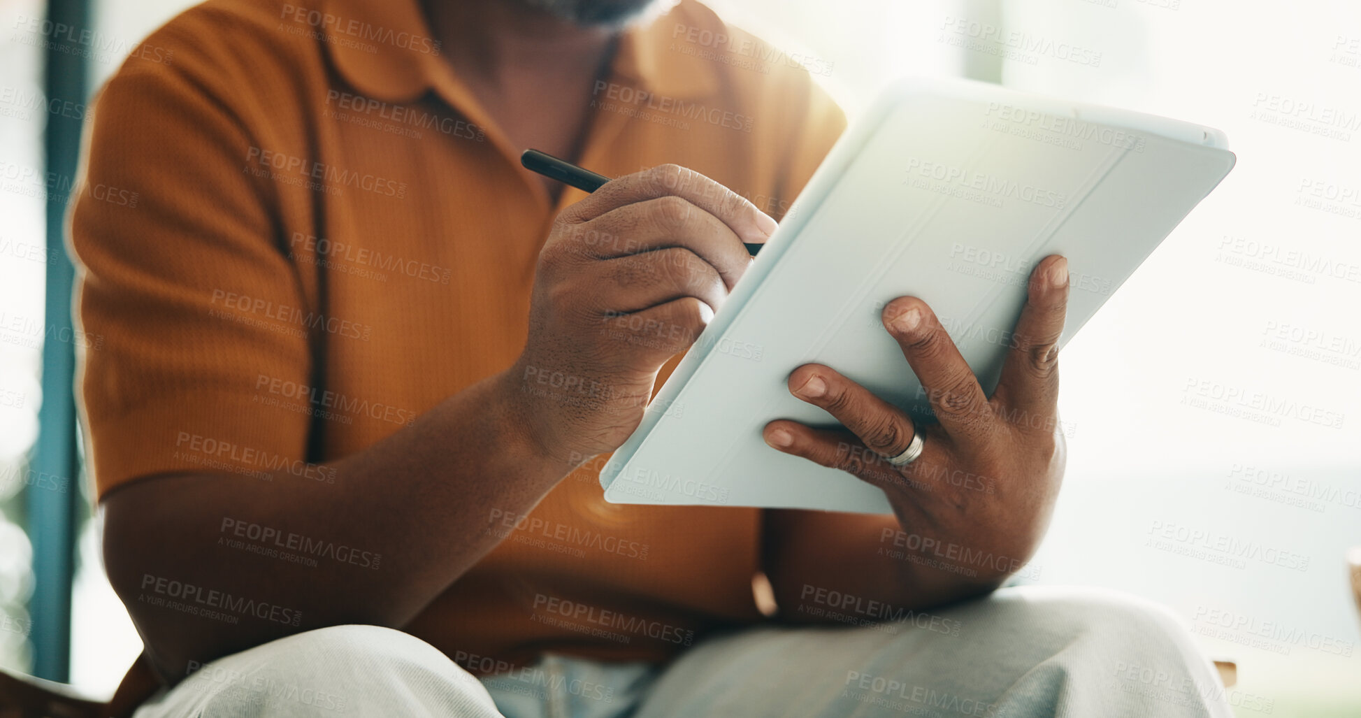 Buy stock photo Hands, person and drawing in home with tablet, research and sketch for graphic design. Illustrator, stylus and freelancer at house with digital art, editing cartoon and creative animation for project