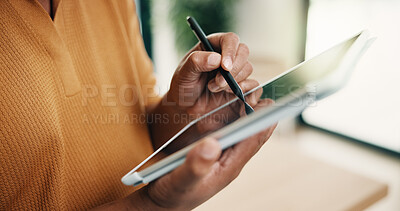 Buy stock photo Hands, person and drawing in office with tablet, research and sketch for animation. Creative, graphic designer or stylus in workplace with digital artwork, editing cartoon and logo design for project