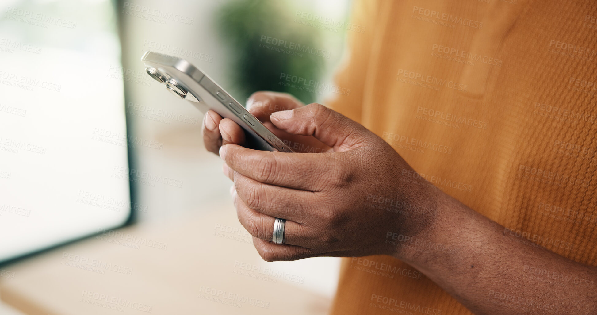 Buy stock photo Man, hands and texting with phone in home for communication, network connection or chatting app. Male person, typing or smartphone with internet connectivity for social media or mobile platform