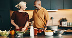Cooking, support or couple in kitchen with love, bonding activity or connection with meal prep. Smile, care or mature people in home with food, happy moment or culinary hobby in healthy relationship.