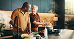 Meal prep, help or couple in kitchen with love, bonding activity or connection with cooking. Smile, partner or mature people in house with food, happy moment or culinary hobby in healthy relationship