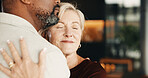 Love, woman or interracial couple in home with hug, partner care or bonding on weekend break. Smile, space or mature people with embrace, happy moment or romantic connection in healthy relationship.