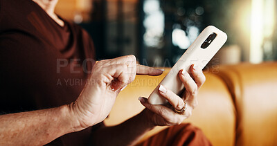 Buy stock photo Texting, connection and hands in home with phone, online chat and post reaction on social media app. Digital, browse and woman with tech, message update or communication on virtual platform.