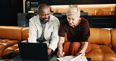 Buy stock photo Interracial couple, laptop and signature with documents in home for mortgage, bills or investment. Sign, mature people and paperwork with tech for financial planning, budget expenses or loan together