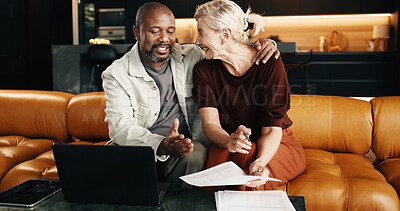Buy stock photo Interracial couple, laptop and smile with documents in home for mortgage, bills or investment. Mature man, woman and paperwork with tech for financial planning, budget expenses or loan together