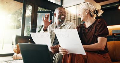 Buy stock photo Finance, paperwork or happy couple with laugh on laptop in home for good budget or expenses together. Mature, interracial people or smile with documents for financial success or investment in house