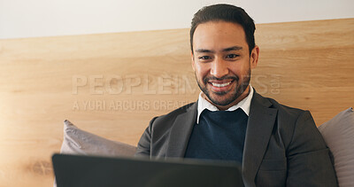 Buy stock photo Business, man and smile in bedroom with laptop, social media and browsing website to unwind. Happy, male person and relaxing at house with tech, streaming movies and watching video for stress relief